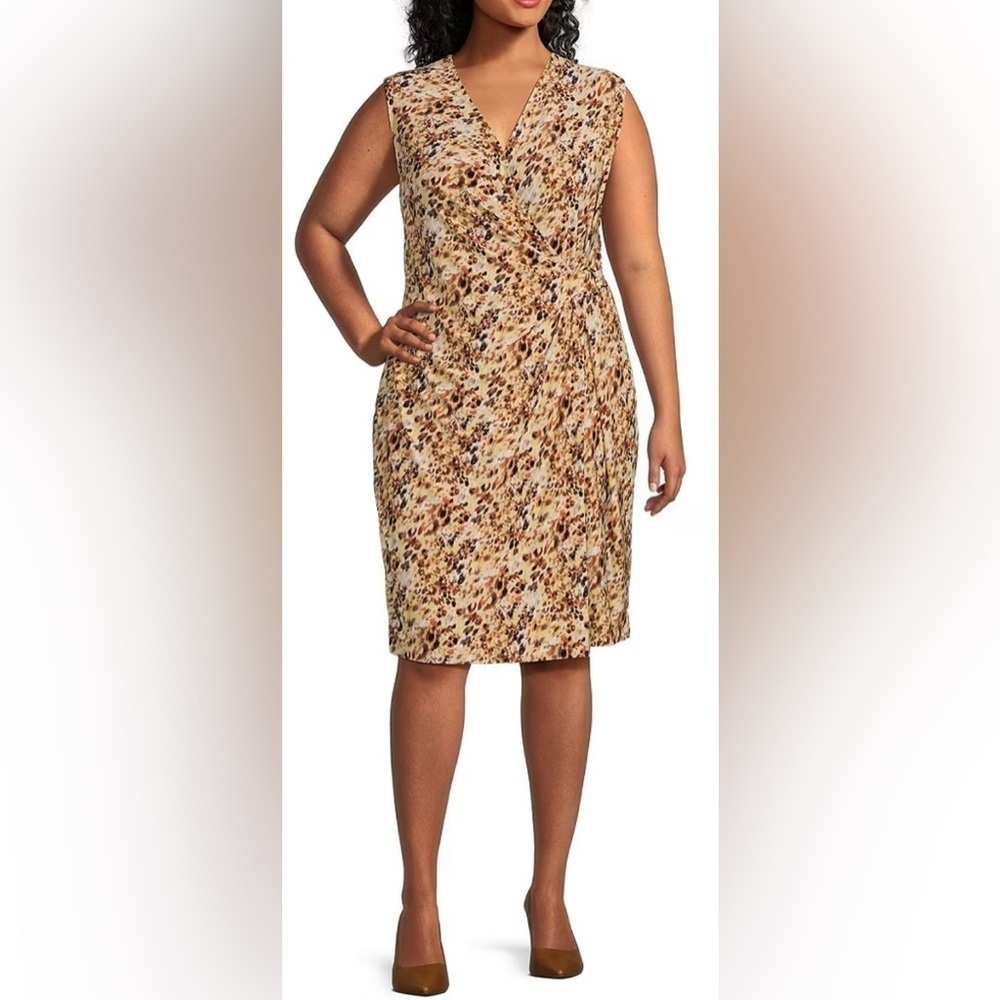 Kasper Plus Size Printed Surplice V Neckline Sleeveless Faux Wrap Dress